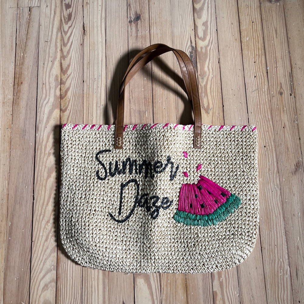 Nordstrom Tote Bag Womens Large Beige Woven Straw Summer Daze Watermelon Beach